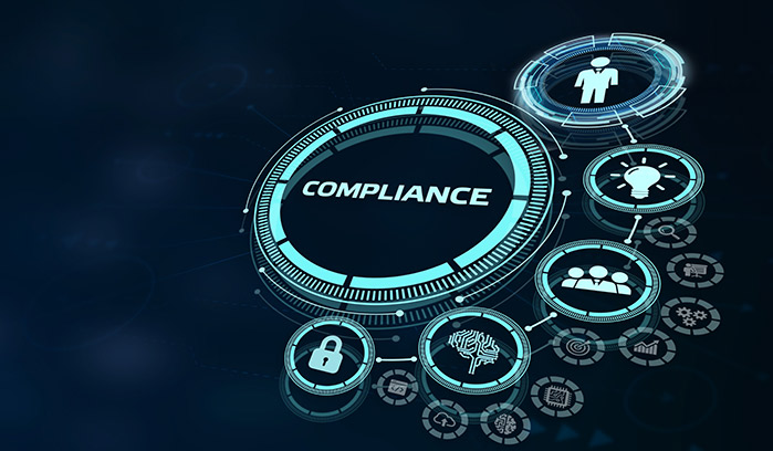 Modern graphic that shows hologram of compliance in a circle connected to other circles with icons of person,
                      lightbulb, team, brain, and padlock.